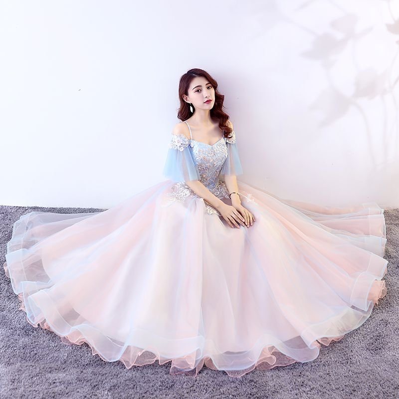 カラードレス レディース ドレス 結婚式 パーティー ライトブルー ピンク 演奏会 袖あり 編み上げ