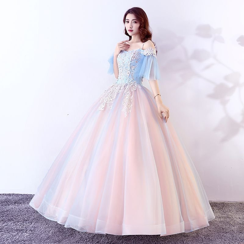 カラードレス レディース ドレス 結婚式 パーティー ライトブルー ピンク 演奏会 袖あり 編み上げ