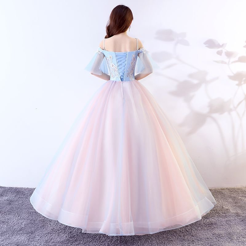 カラードレス レディース ドレス 結婚式 パーティー ライトブルー ピンク 演奏会 袖あり 編み上げ