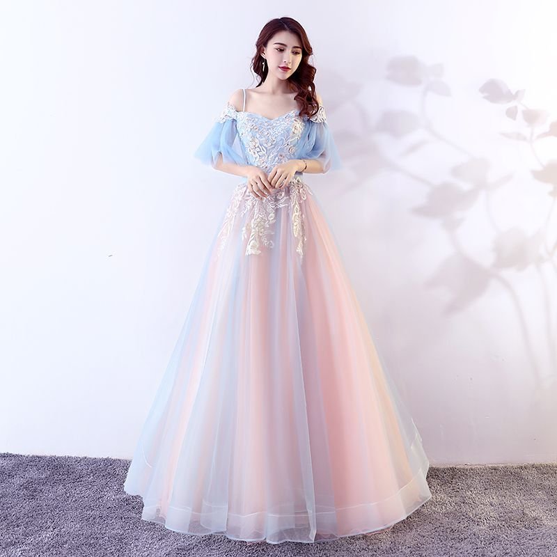 カラードレス レディース ドレス 結婚式 パーティー ライトブルー ピンク 演奏会 袖あり 編み上げ