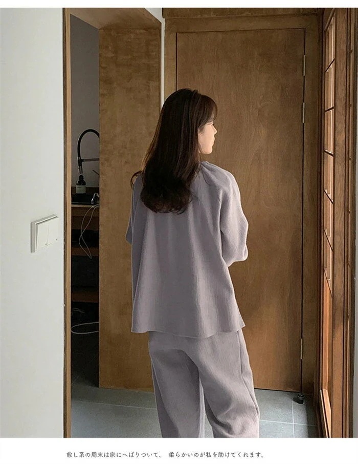 1つ買うと10個無料ウェアパジャマガーゼ綿100％2点セット可愛い上下セットコットン綿パジャマ長袖ウェアナイトウェア部屋着寝巻き寝間着レディースゆったり柔らかい無地リラックスホワイトパープルパフスリー