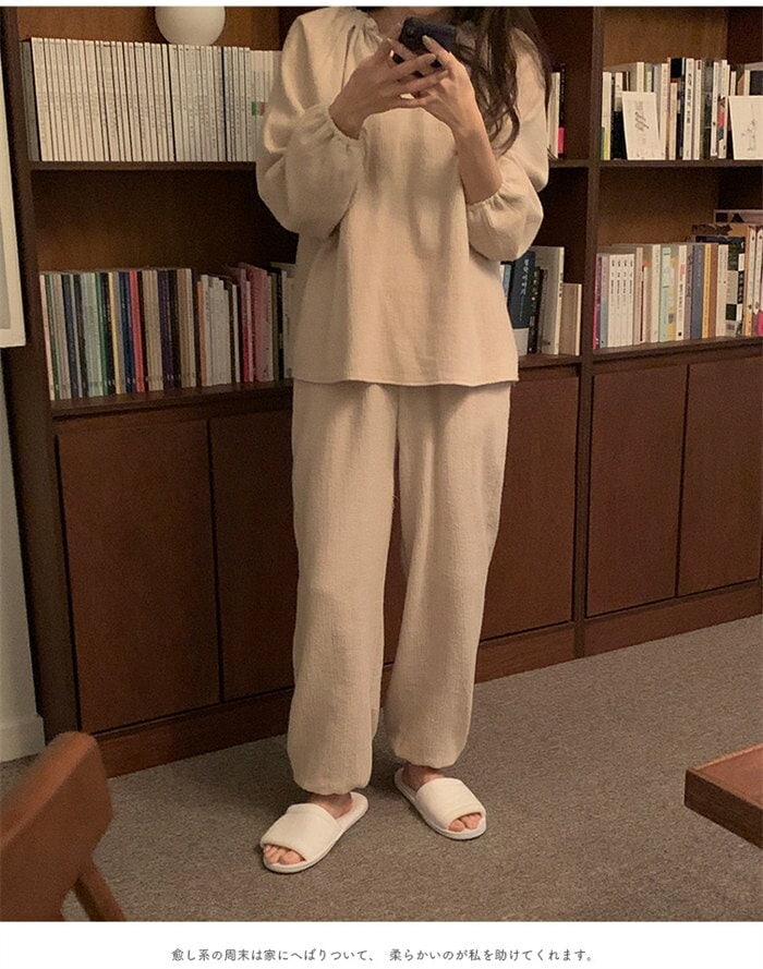 1つ買うと10個無料ウェアパジャマガーゼ綿100％2点セット可愛い上下セットコットン綿パジャマ長袖ウェアナイトウェア部屋着寝巻き寝間着レディースゆったり柔らかい無地リラックスホワイトパープルパフスリー