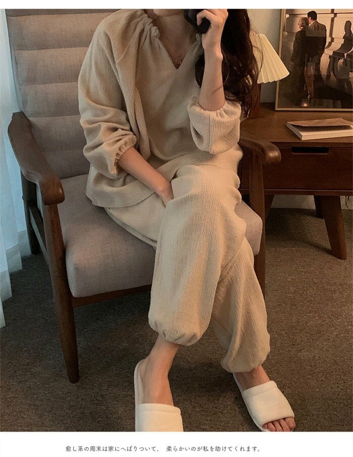 1つ買うと10個無料ウェアパジャマガーゼ綿100％2点セット可愛い上下セットコットン綿パジャマ長袖ウェアナイトウェア部屋着寝巻き寝間着レディースゆったり柔らかい無地リラックスホワイトパープルパフスリー