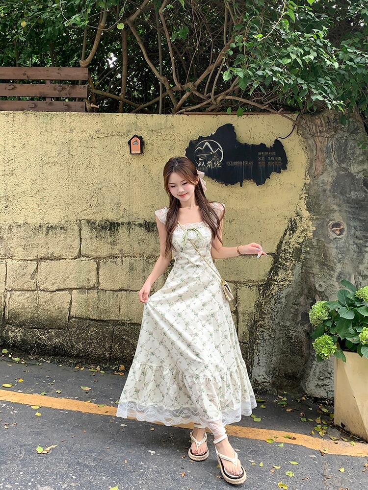花柄 レース ガーリー ワンピース ドレス レディース ロング マキシ 丈長 袖なし ノースリーブ スクエアネック フレア Aライン リボン ウエストマーク 透け感 かわいい 大人可愛い きれいめ カ
