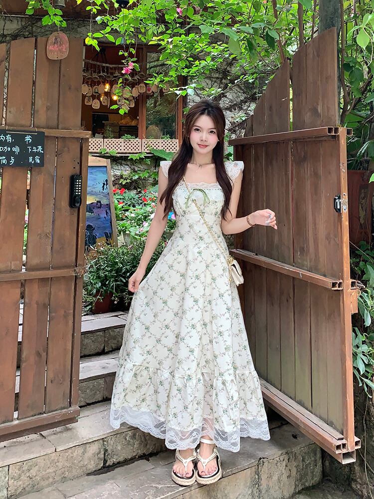花柄 レース ガーリー ワンピース ドレス レディース ロング マキシ 丈長 袖なし ノースリーブ スクエアネック フレア Aライン リボン ウエストマーク 透け感 かわいい 大人可愛い きれいめ カ