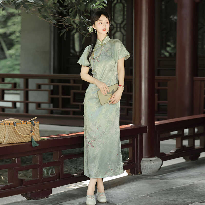 【フルセット】あずき詩新韓国改良チャイナドレスワンピース緑開叉大袖シャツ禅意 【フルセット】あずき詩新韓国改良チャイナドレスワンピース緑開叉大袖シャツ禅意