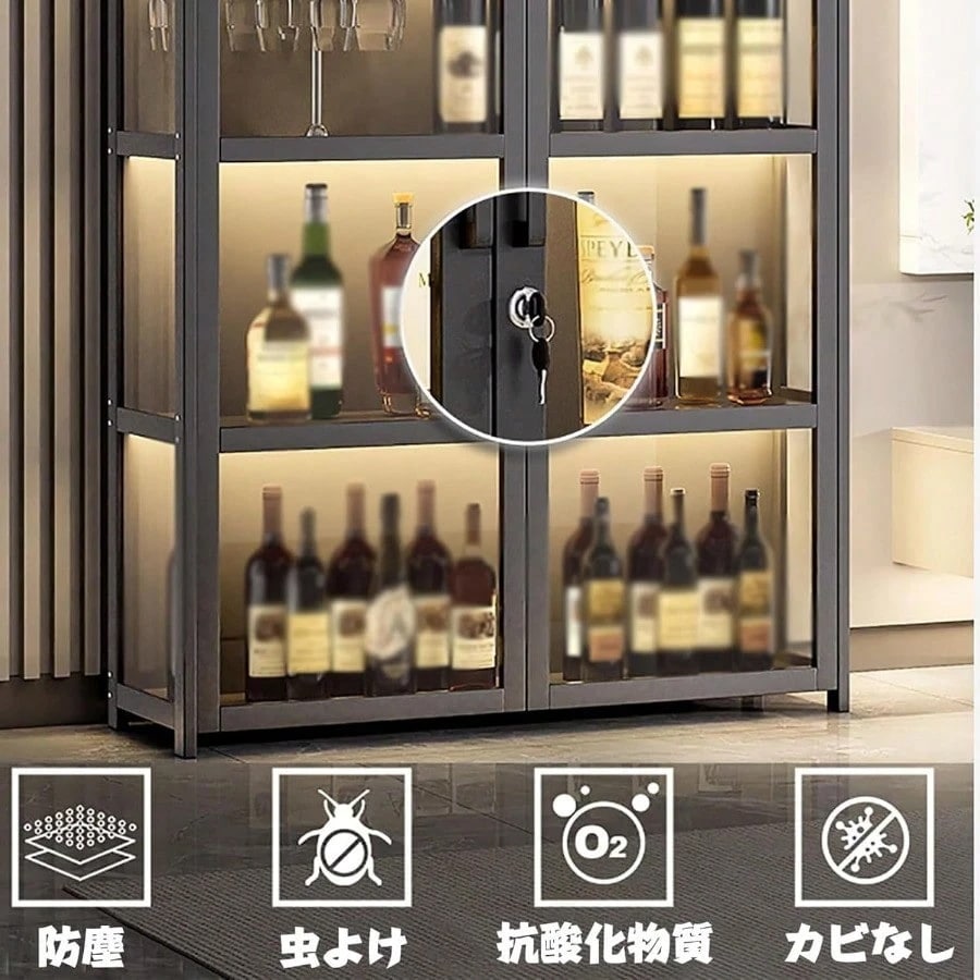 ロック付き酒棚 竹製 ウイスキーラック 3面透明ディスプレイ ワインバーキャビネット 密閉型 アクリル扉付き 多層収納ラック 落下防止機能付き 大容量 酒類貯蔵ロッカー 家庭用・業務用に適したスペース