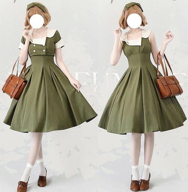 クラロリ ワンピース トップス 可愛い 2way着方 レディース ロング ロリータ lolita 半袖 ノースリーブ 大人 春 秋 夏 グリーン 緑 ベージュ ブラック 黒 S M L XL 2XL