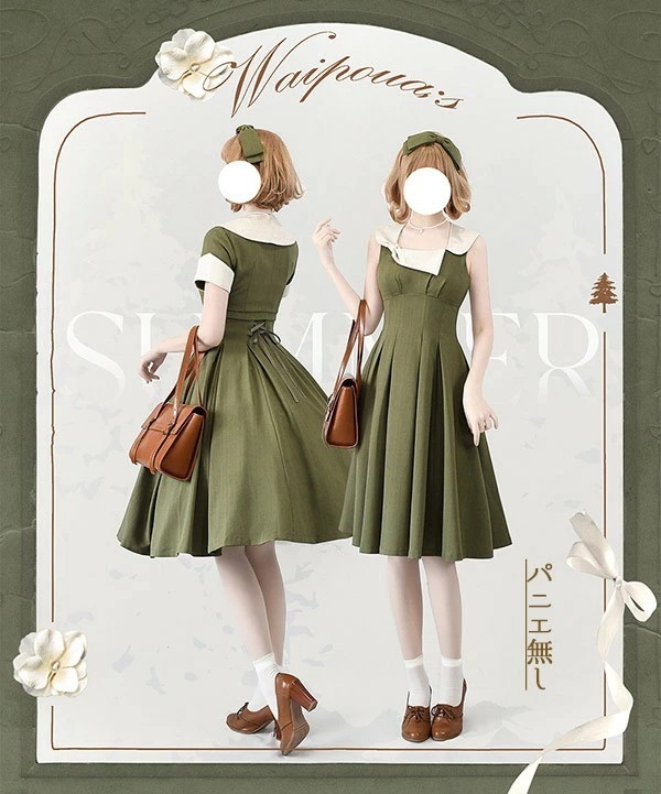 クラロリ ワンピース トップス 可愛い 2way着方 レディース ロング ロリータ lolita 半袖 ノースリーブ 大人 春 秋 夏 グリーン 緑 ベージュ ブラック 黒 S M L XL 2XL