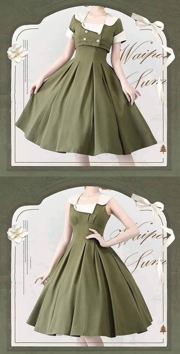 クラロリ ワンピース トップス 可愛い 2way着方 レディース ロング ロリータ lolita 半袖 ノースリーブ 大人 春 秋 夏 グリーン 緑 ベージュ ブラック 黒 S M L XL 2XL