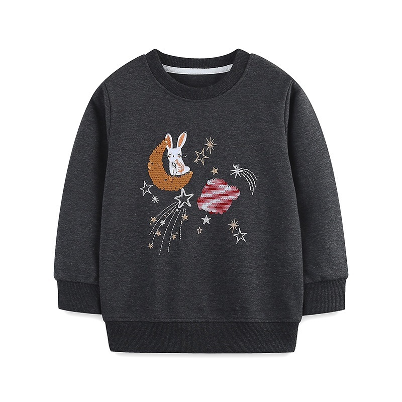 4 秋の子供用スウェットシャツかわいいウサギのスパンコール長袖子供用スウェットシャツニットラウンドネック女の子トップス