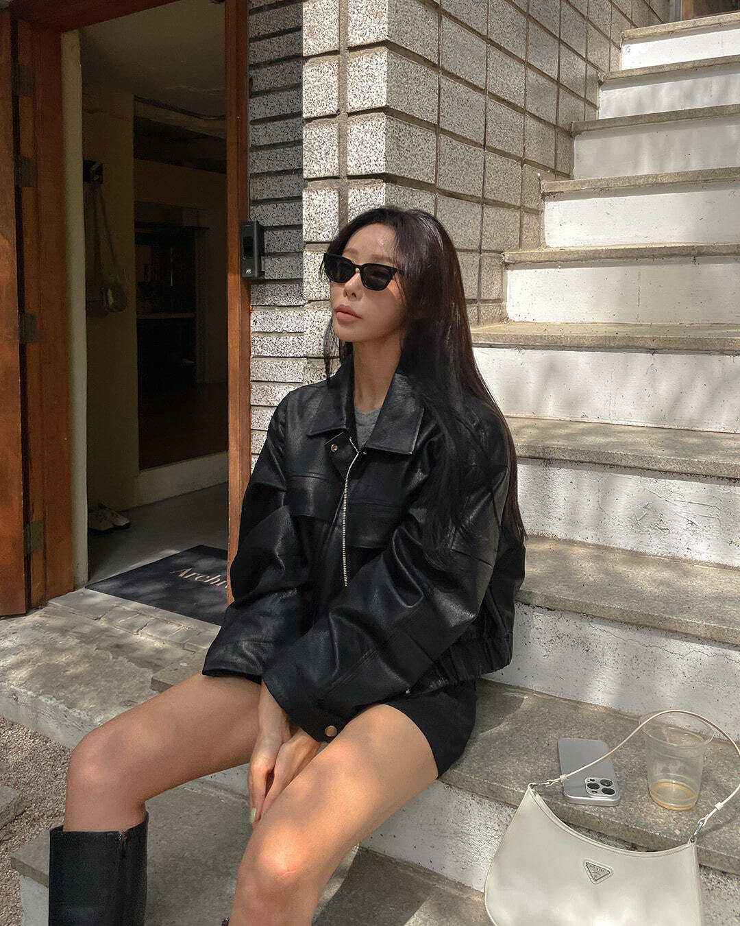 オーバーフィットフェイクレザージャンパー韓国ファッション レディース