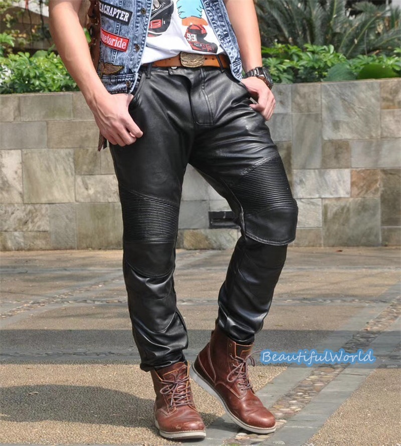 ブラックレザー バイクパンツ 膝パッド付き GOOD LUCK ブラック