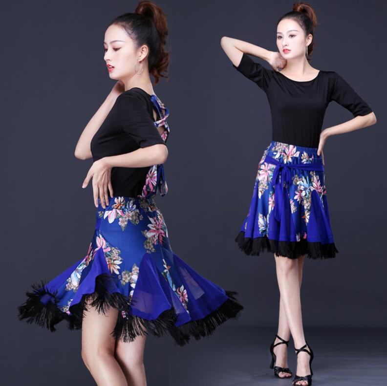 ダンス衣装セット 半袖ダンスTシャツ ラテンダンス ダンススカート 花柄 レディースダンスウェア ダンス練習着 クルーネック ダンス稽古 レッスン着 細見え 練習着 社交ダンス ラテンダンス モダン