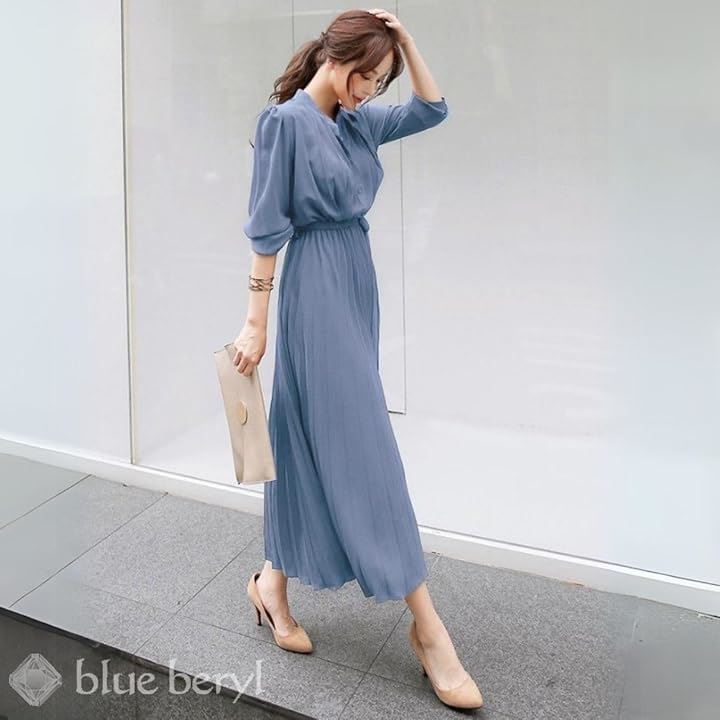 ブルーベリル シフォンワンピース ロング プリーツ レディース 長袖 ハイウエスト ウエストリボン フレア 春 秋 BB054(ブルー, M)
