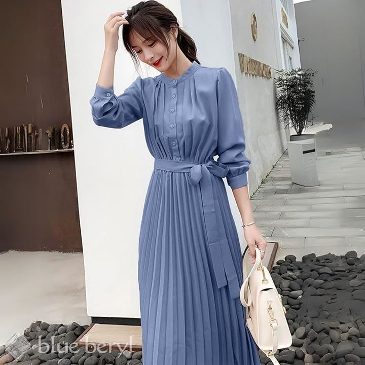 ブルーベリル シフォンワンピース ロング プリーツ レディース 長袖 ハイウエスト ウエストリボン フレア 春 秋 BB054(ブルー, M)