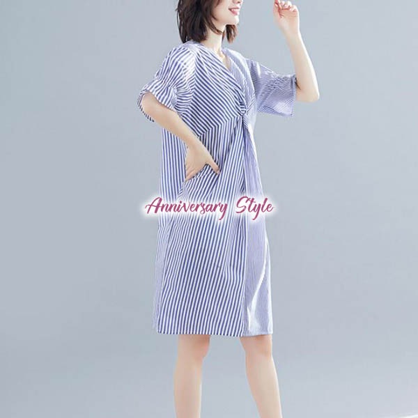 背中開き ねじり ワンピース XL 即納 ストライプ ブルー 切替 半袖 レディース nlw1236