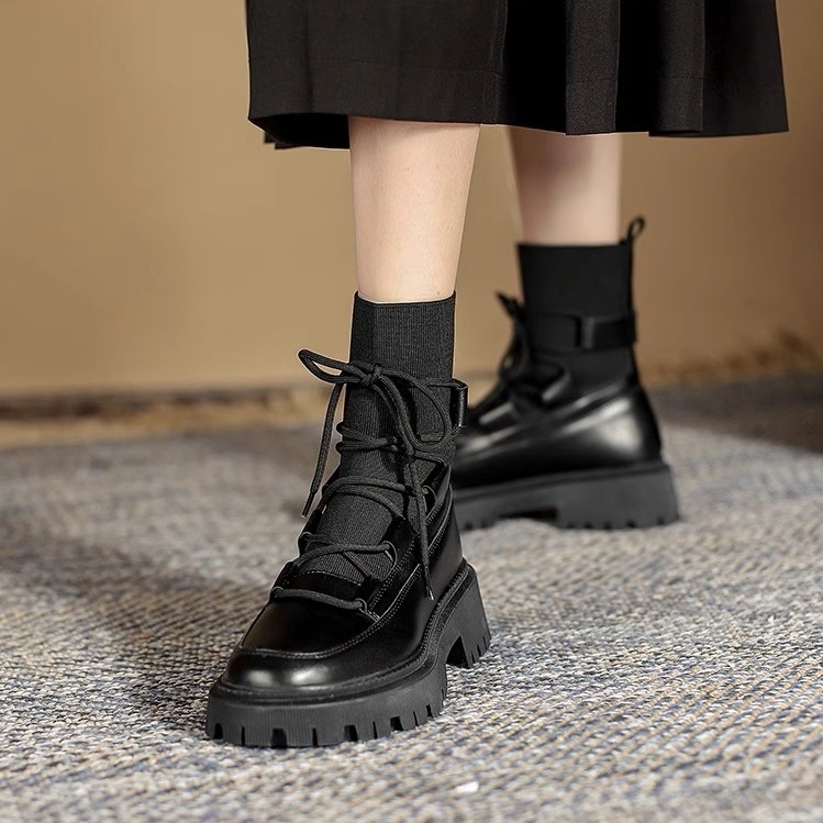 靴 シューズ レディース 2タイプ 裏起毛 あったか ブーツ ショート丈 ショートブーツ 紐 厚底 ツヤあり 皮 履きやすい 歩きやすい きれいめ オールシーズン 甘辛MIX クール モード