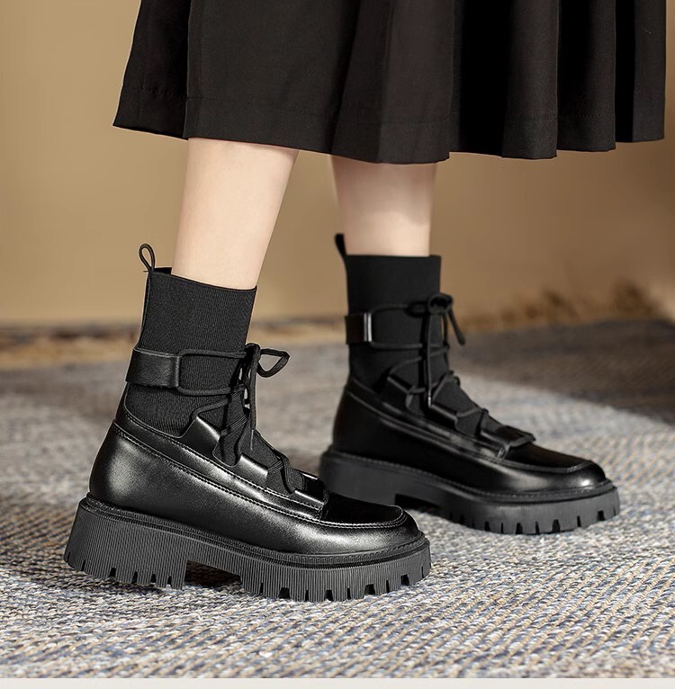 靴 シューズ レディース 2タイプ 裏起毛 あったか ブーツ ショート丈 ショートブーツ 紐 厚底 ツヤあり 皮 履きやすい 歩きやすい きれいめ オールシーズン 甘辛MIX クール モード