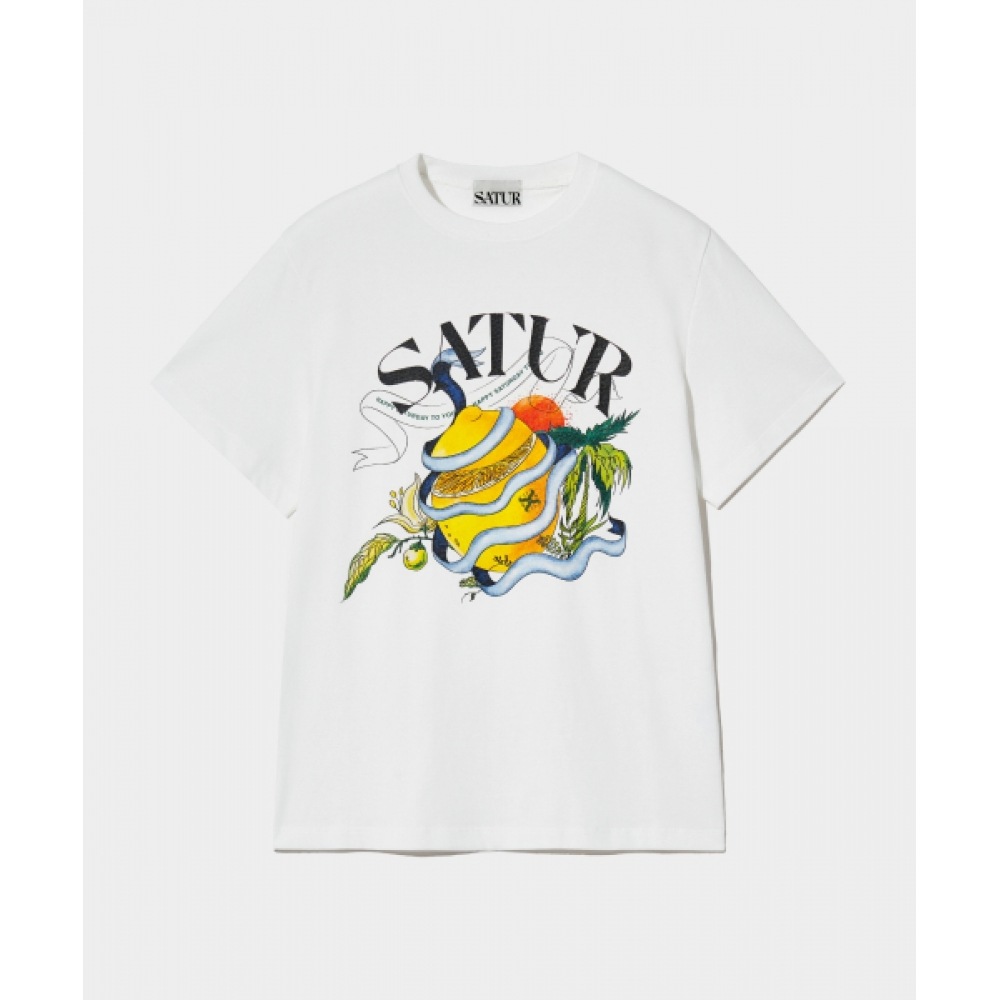 SATUR リボンシトロングラフィックショートスリーブ T シャツセッターデイホワイト