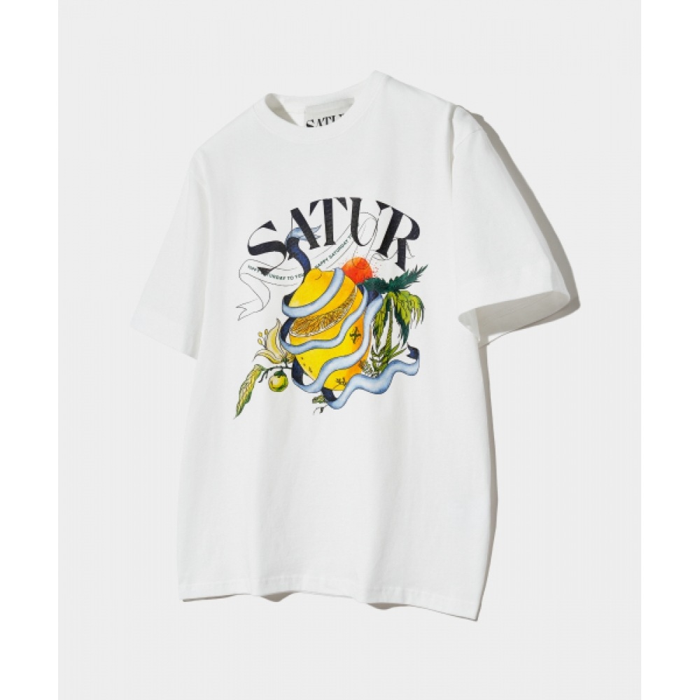 SATUR リボンシトロングラフィックショートスリーブ T シャツセッターデイホワイト