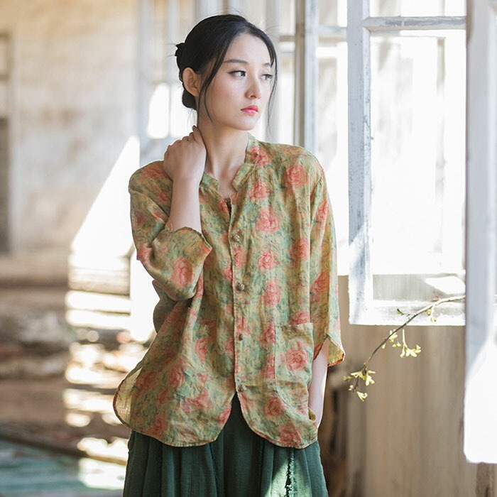 綿麻 シャツ ブラウス レディース 長袖 春 夏 カーディガン ジャケット カーデ 大きいサイズ 体型カバー 花柄 トップス 丸襟 前開き 着痩せ 女性用 紫外線対策 おしゃれ レトロ きれいめ 薄手