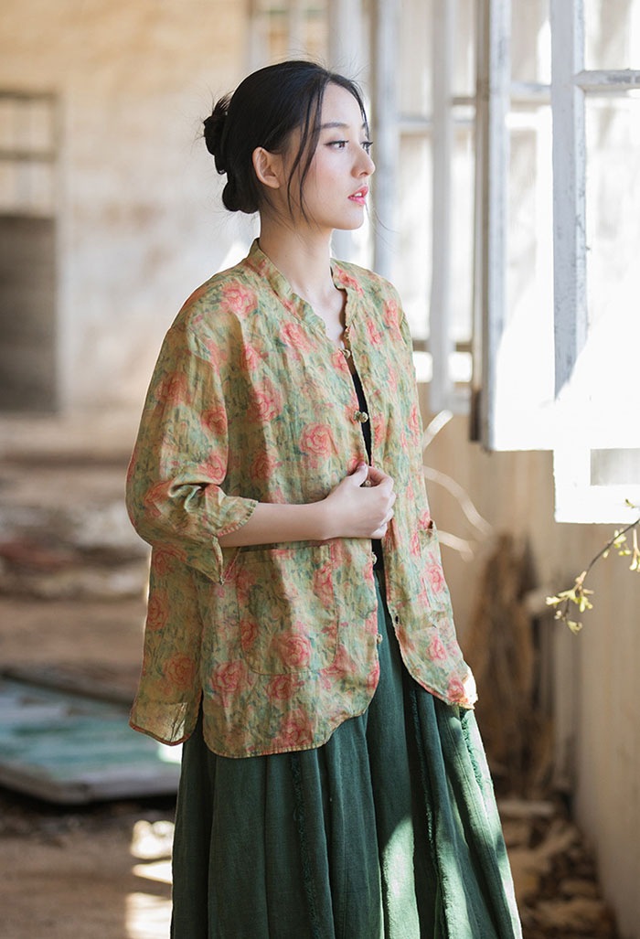 綿麻 シャツ ブラウス レディース 長袖 春 夏 カーディガン ジャケット カーデ 大きいサイズ 体型カバー 花柄 トップス 丸襟 前開き 着痩せ 女性用 紫外線対策 おしゃれ レトロ きれいめ 薄手