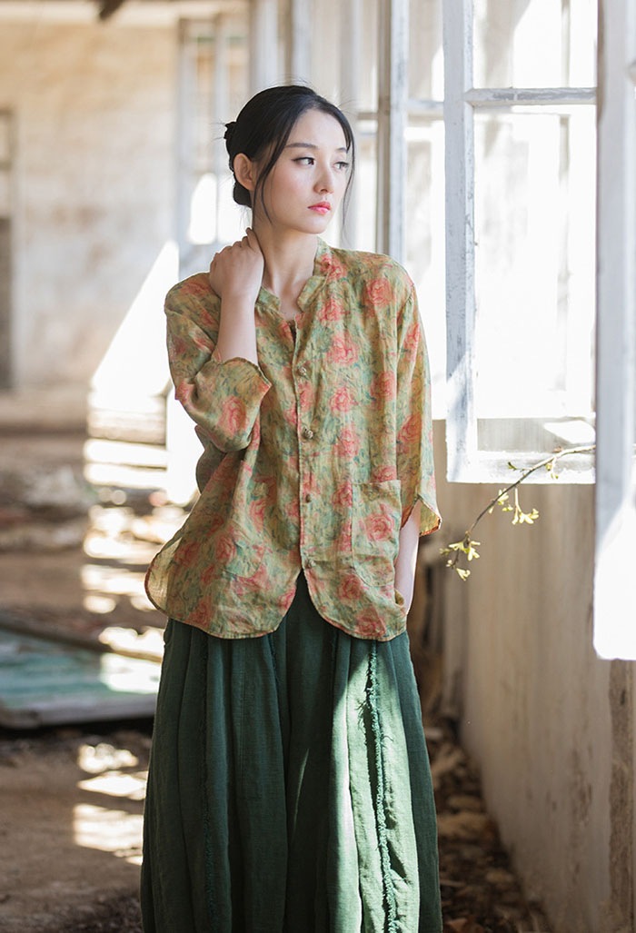 綿麻 シャツ ブラウス レディース 長袖 春 夏 カーディガン ジャケット カーデ 大きいサイズ 体型カバー 花柄 トップス 丸襟 前開き 着痩せ 女性用 紫外線対策 おしゃれ レトロ きれいめ 薄手