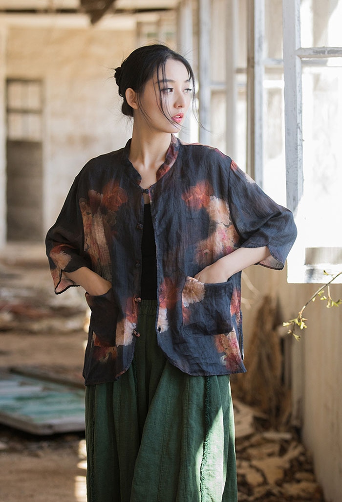 綿麻 シャツ ブラウス レディース 長袖 春 夏 カーディガン ジャケット カーデ 大きいサイズ 体型カバー 花柄 トップス 丸襟 前開き 着痩せ 女性用 紫外線対策 おしゃれ レトロ きれいめ 薄手