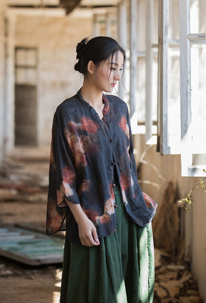 綿麻 シャツ ブラウス レディース 長袖 春 夏 カーディガン ジャケット カーデ 大きいサイズ 体型カバー 花柄 トップス 丸襟 前開き 着痩せ 女性用 紫外線対策 おしゃれ レトロ きれいめ 薄手