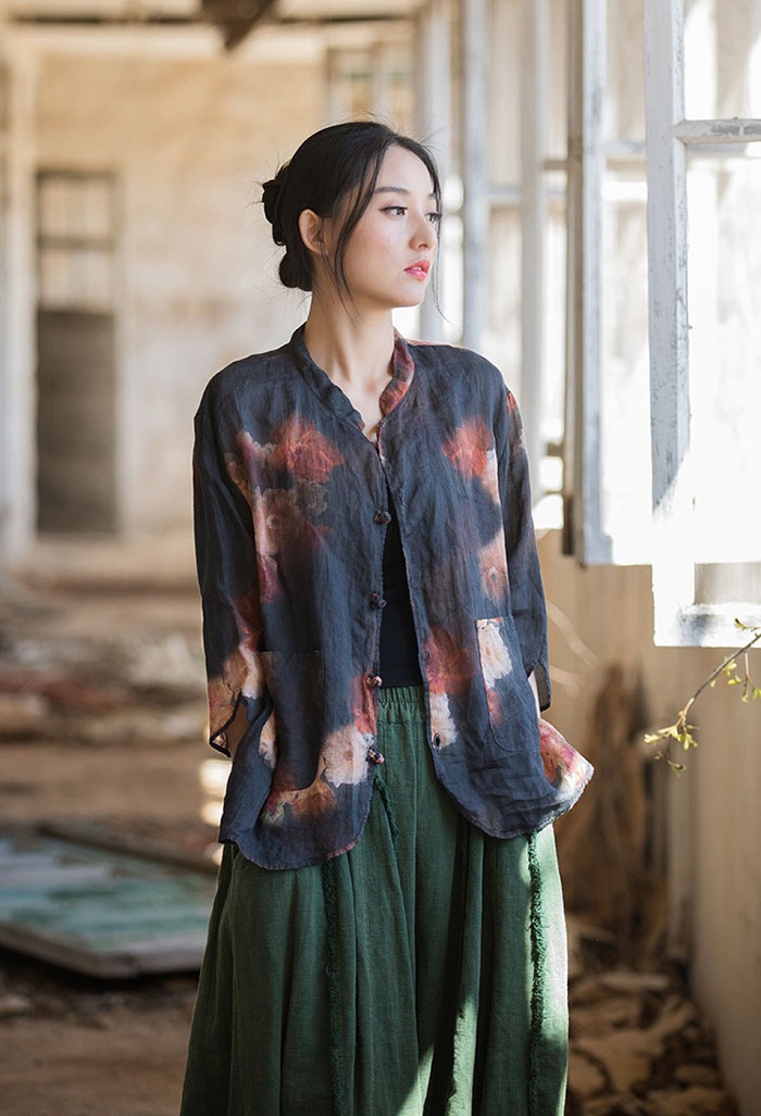 綿麻 シャツ ブラウス レディース 長袖 春 夏 カーディガン ジャケット カーデ 大きいサイズ 体型カバー 花柄 トップス 丸襟 前開き 着痩せ 女性用 紫外線対策 おしゃれ レトロ きれいめ 薄手