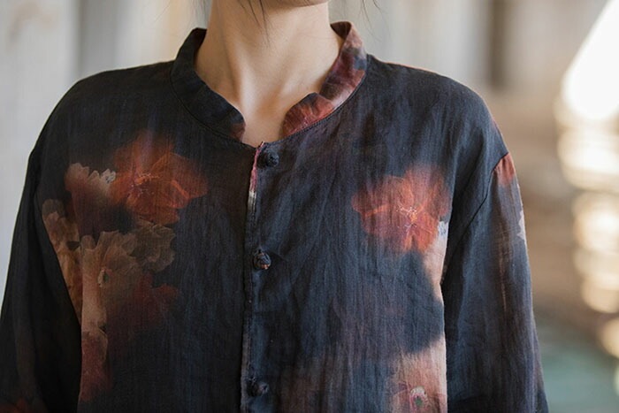 綿麻 シャツ ブラウス レディース 長袖 春 夏 カーディガン ジャケット カーデ 大きいサイズ 体型カバー 花柄 トップス 丸襟 前開き 着痩せ 女性用 紫外線対策 おしゃれ レトロ きれいめ 薄手