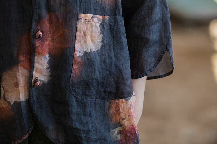 綿麻 シャツ ブラウス レディース 長袖 春 夏 カーディガン ジャケット カーデ 大きいサイズ 体型カバー 花柄 トップス 丸襟 前開き 着痩せ 女性用 紫外線対策 おしゃれ レトロ きれいめ 薄手