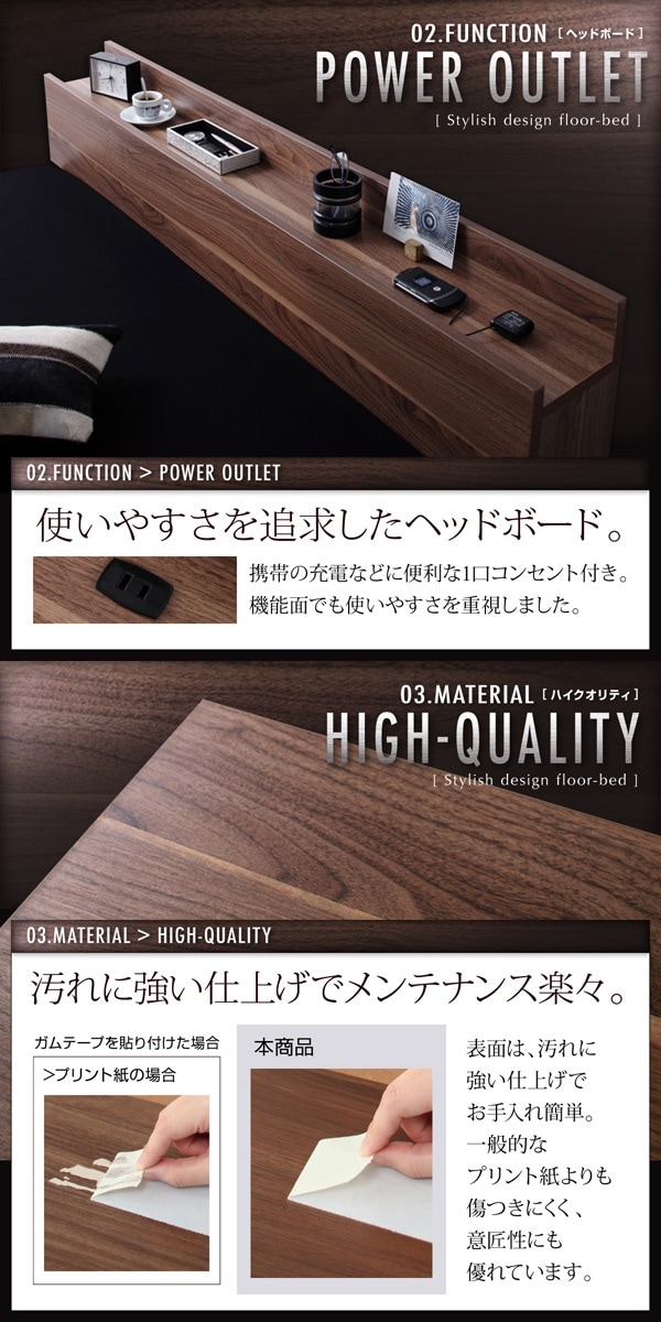 棚/コンセント付き フロアベッド [W.coRe]ダブルコア [国産カバーポケットコイルマットレス付き] セミダブル [フレーム色]オークホワイト