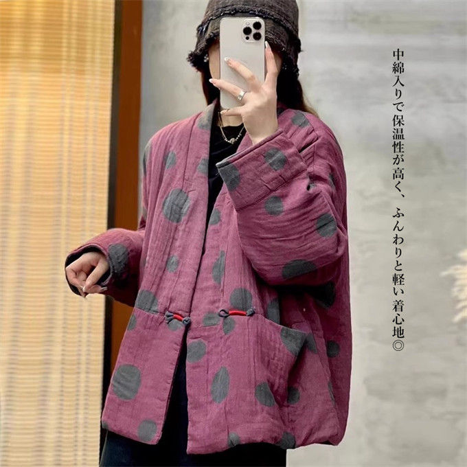 中綿コート レディース コート 長袖 ショート丈 一釦 水玉柄 中綿入り ジャケット 羽織り チャイナボタン ノーカラー 民族風 防寒着 あったか ゆったり レトロ 大人可愛い カジュアル エスニック 中綿コート レディース コート 長袖 ショート丈 一釦 水玉柄 中綿入り ジャケット 羽織り チャイナボタン ノーカラー 民族風 防寒着 あったか ゆったり レトロ 大人可愛い カジュアル エスニック