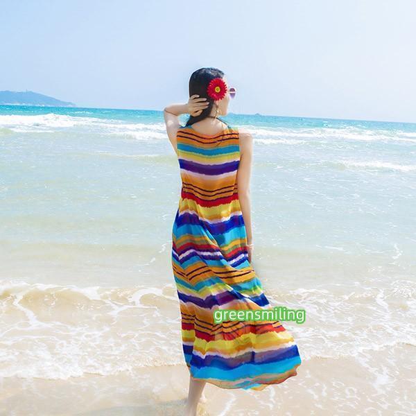 ボーダー柄 大きサイズ 虹色 ロングワンピ 肩出し 小さいサイズ タンクトップ マキシワンピース ビーチウエア リゾートワンピ ノースリーブ ハワイアン ボーダー柄 大きサイズ 虹色 ロングワンピ 肩出し 小さいサイズ タンクトップ マキシワンピース ビーチウエア リゾートワンピ ノースリーブ ハワイアン