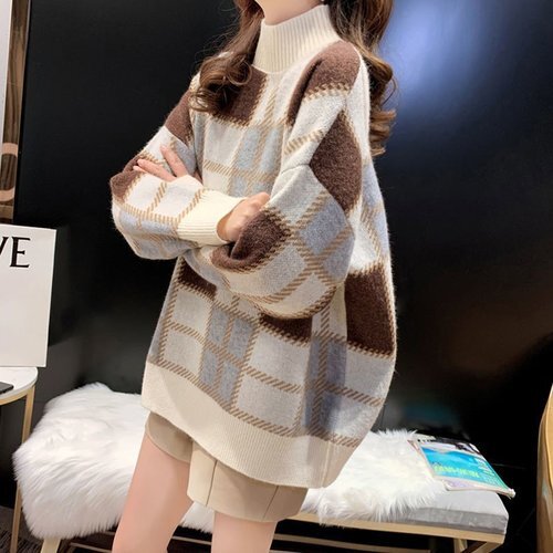 レディース ファッション セーター 秋冬 暖か CLASSIC ハイネック ゆったり チェック カジュアル 人気 コーヒー色 2726
