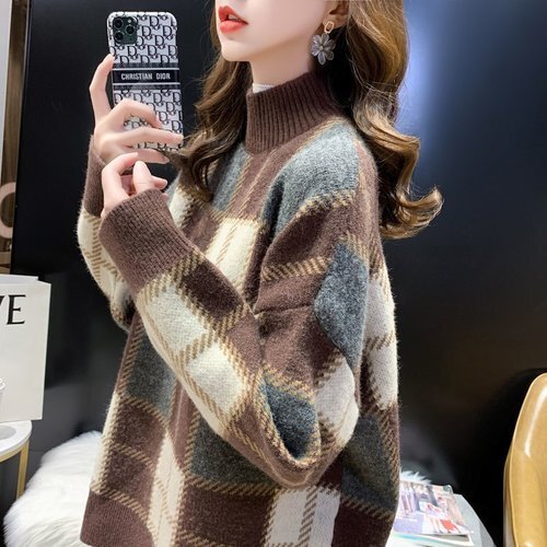 レディース ファッション セーター 秋冬 暖か CLASSIC ハイネック ゆったり チェック カジュアル 人気 コーヒー色 2726