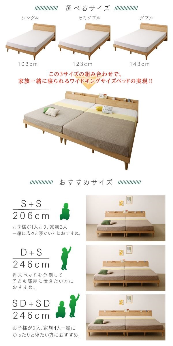 棚コンセント付き ツイン連結すのこファミリーベッド [ファミネ] [スタンダードボンネルコイルマットレス付き] ワイドK240（SDx2） [フレーム色]ナチュラル [マットレス色]ホワイト
