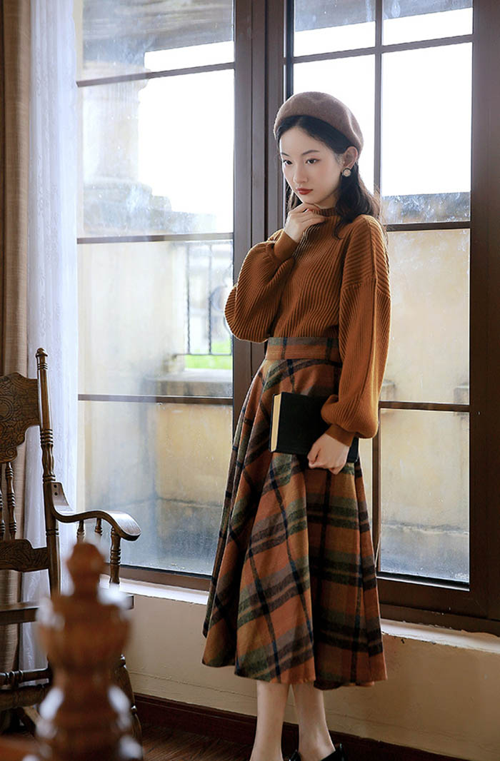 セットアップ レディース 秋 冬 パフスリーブセーター チェック