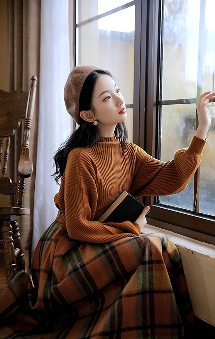 セットアップ レディース 秋 冬 パフスリーブセーター チェック