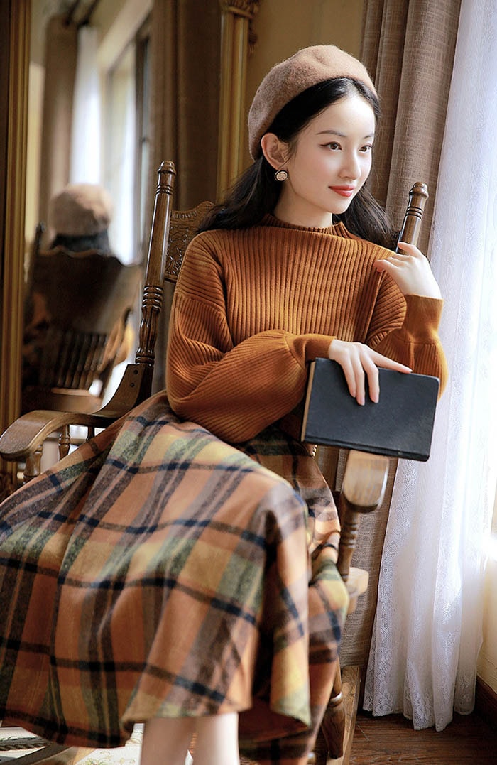 セットアップ レディース 秋 冬 パフスリーブセーター チェック