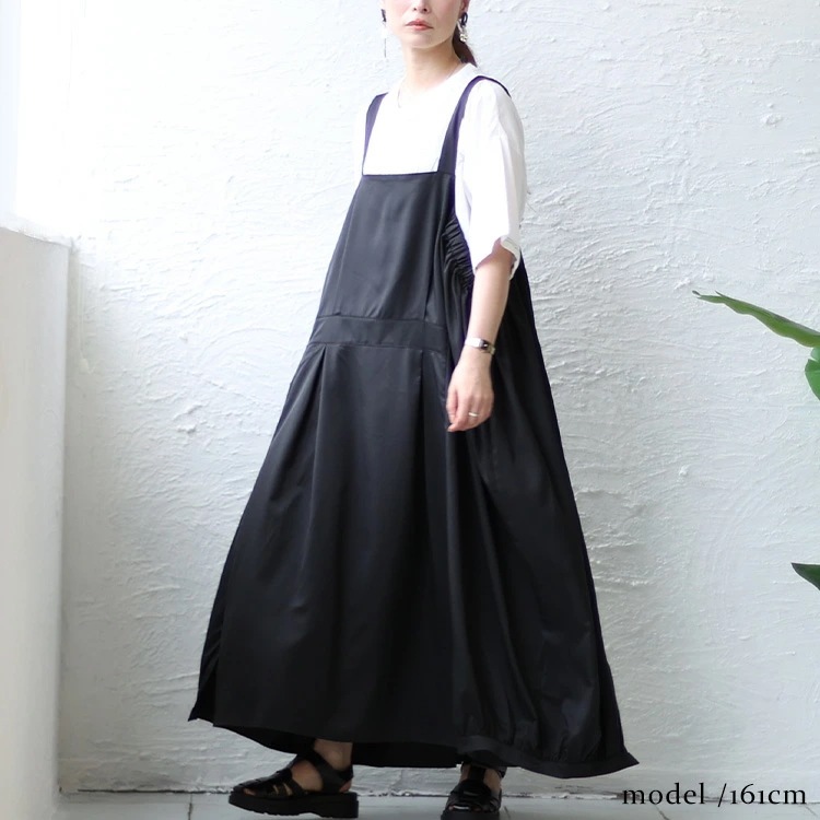 【即納】大きいサイズレディース ワンピース コクーンシルエットエプロンワンピース ワンピ ロングワンピース エプロンワンピース ロング ジャンパースカート コクーン　ギャザー バルーン タック ゴム