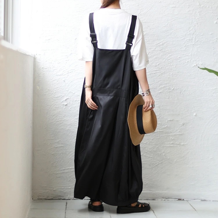 【即納】大きいサイズレディース ワンピース コクーンシルエットエプロンワンピース ワンピ ロングワンピース エプロンワンピース ロング ジャンパースカート コクーン　ギャザー バルーン タック ゴム