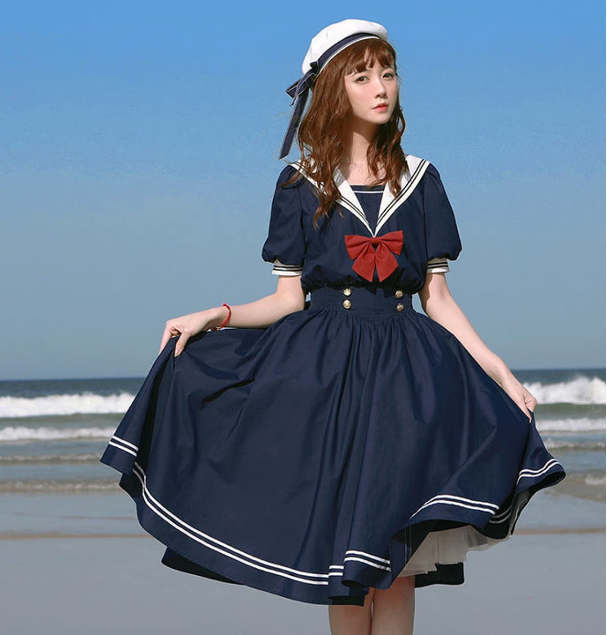 Lady Lazy ロリータ 半袖 ワンピース セーラー襟 ミモレ丈 スカート ロリ 衣装 撮影