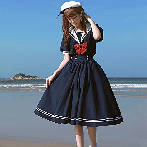 Lady Lazy ロリータ 半袖 ワンピース セーラー襟 ミモレ丈 スカート ロリ 衣装 撮影
