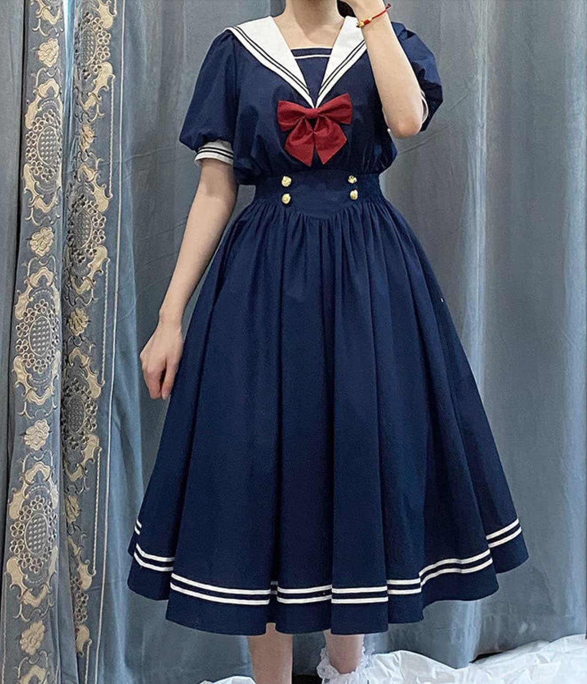 Lady Lazy ロリータ 半袖 ワンピース セーラー襟 ミモレ丈 スカート ロリ 衣装 撮影