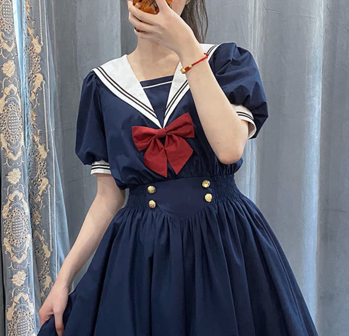 Lady Lazy ロリータ 半袖 ワンピース セーラー襟 ミモレ丈 スカート ロリ 衣装 撮影