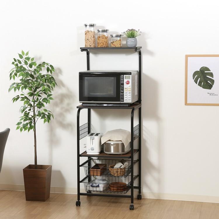 スリム レンジ台 幅51.5cm レンジワゴン キッチン ラック スライド棚 バスケット棚2段 収納