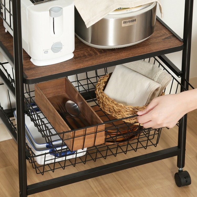 スリム レンジ台 幅51.5cm レンジワゴン キッチン ラック スライド棚 バスケット棚2段 収納